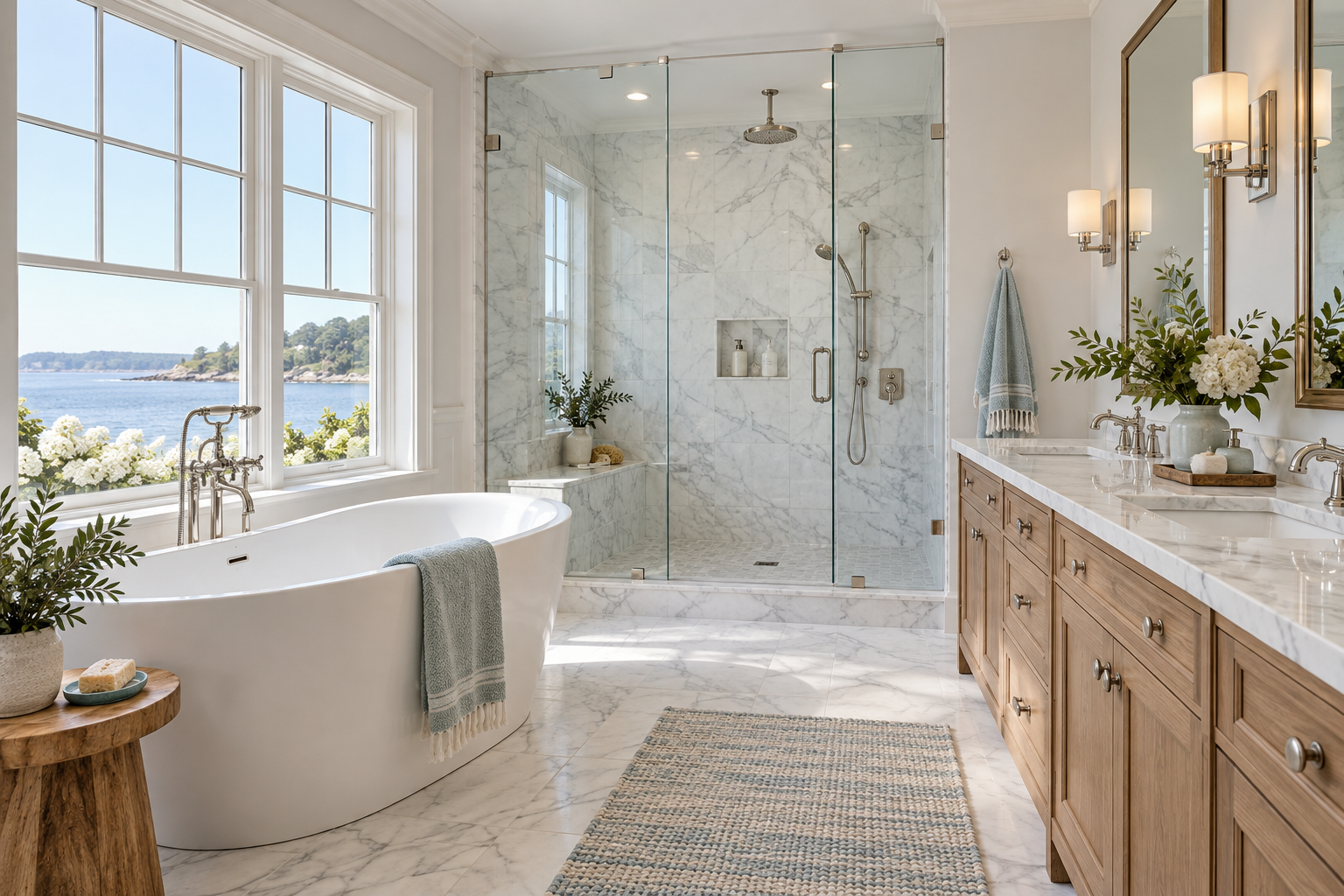 Elegant coastal bathroom with a freestanding bathtub, marble walk-in shower and oak double vanity