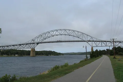 Bourne Bridge and the Cape Cod Canal bike path in Bourne, Massachusetts