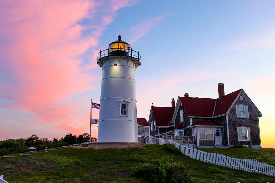 Nobska Lighthouse at sunrise in Woods Hole, Falmouth, Massachusetts