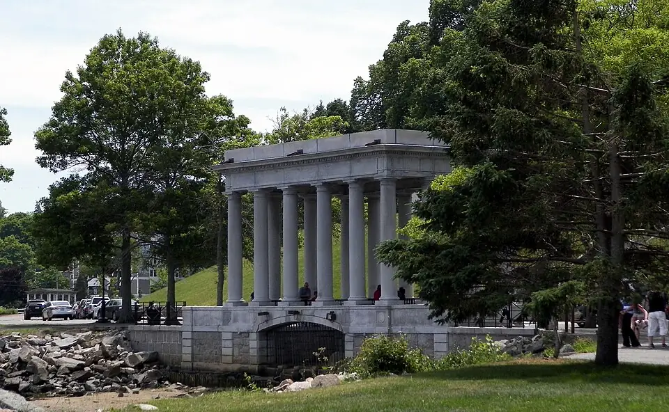 Plymouth Rock monument beside the waterfront in Plymouth, Massachusetts