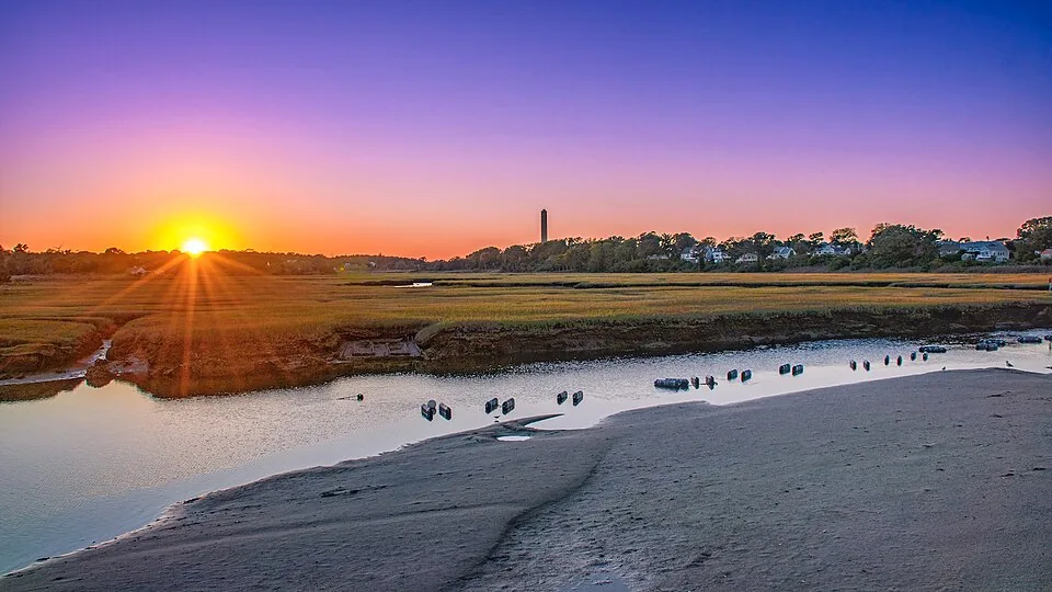 Sunset over the salt marsh from the Sandwich Boardwalk in Sandwich, Massachusetts