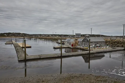 Harbor buildings and docks along the waterfront in Wellfleet