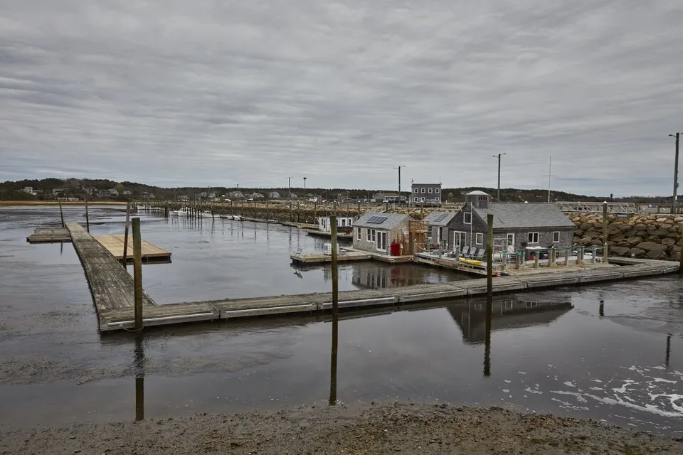 Harbor buildings and docks along the waterfront in Wellfleet