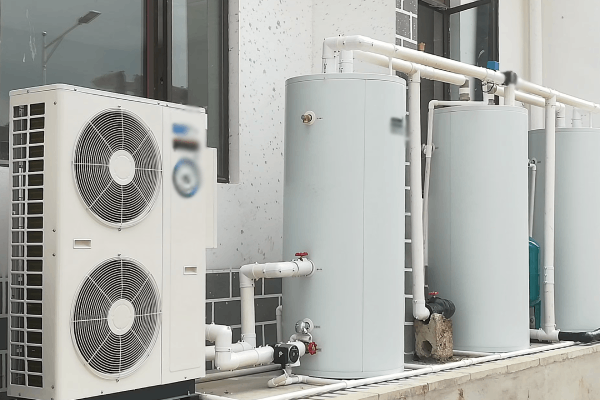 HVAC system installation featuring an outdoor condenser unit and multiple water heaters, illustrating professional plumbing and heating solutions.