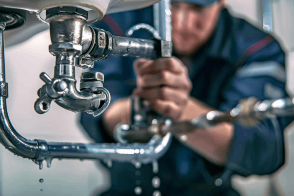 Licensed technician repairing plumbing under a sink, showcasing expertise in plumbing systems and maintenance.