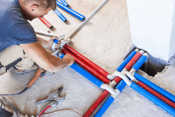 Plumber installing red and blue piping for plumbing systems, demonstrating professional plumbing work relevant to HVAC and plumbing services.