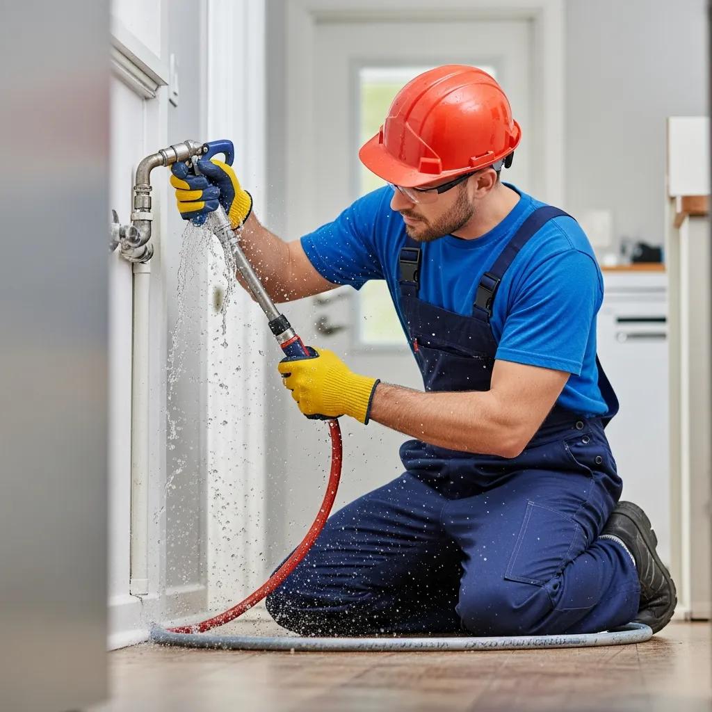 Plumber responding to a burst pipe emergency in a home, emphasizing urgency and professionalism