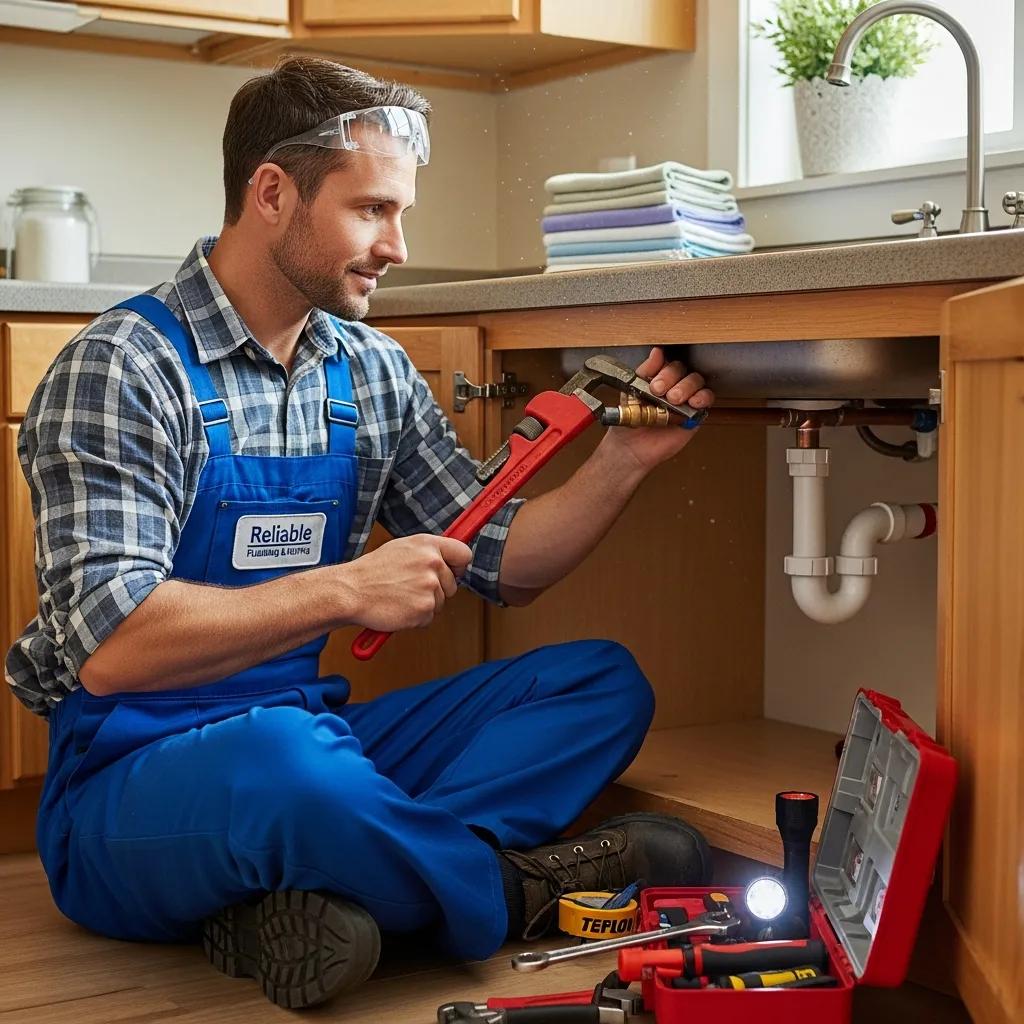 Professional plumber and heating technician working on a residential plumbing system, showcasing reliability and trust