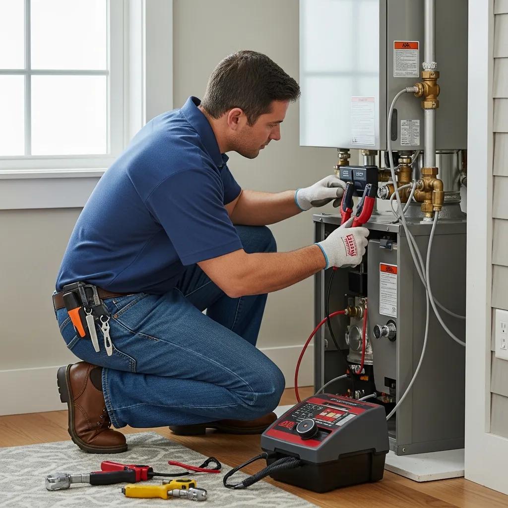 Technician inspecting a heating system in a Cape Cod home, showcasing expertise and care in heating repair