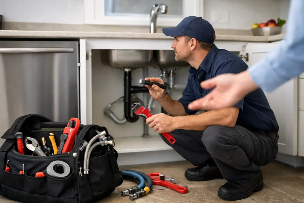 Plumber inspecting under kitchen sink with tools, emphasizing emergency plumbing services in Falmouth.