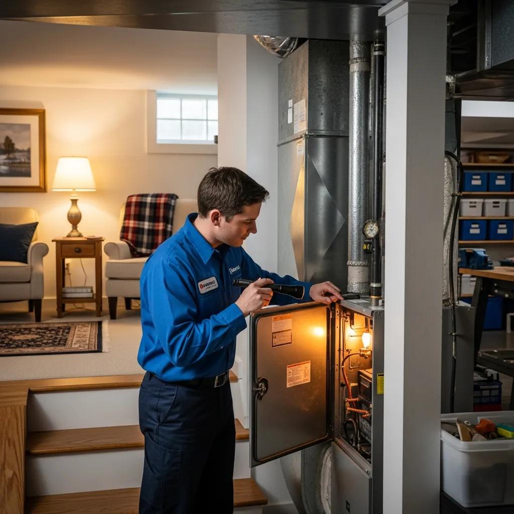 Technician servicing heating system in a Cape Cod home for seasonal comfort